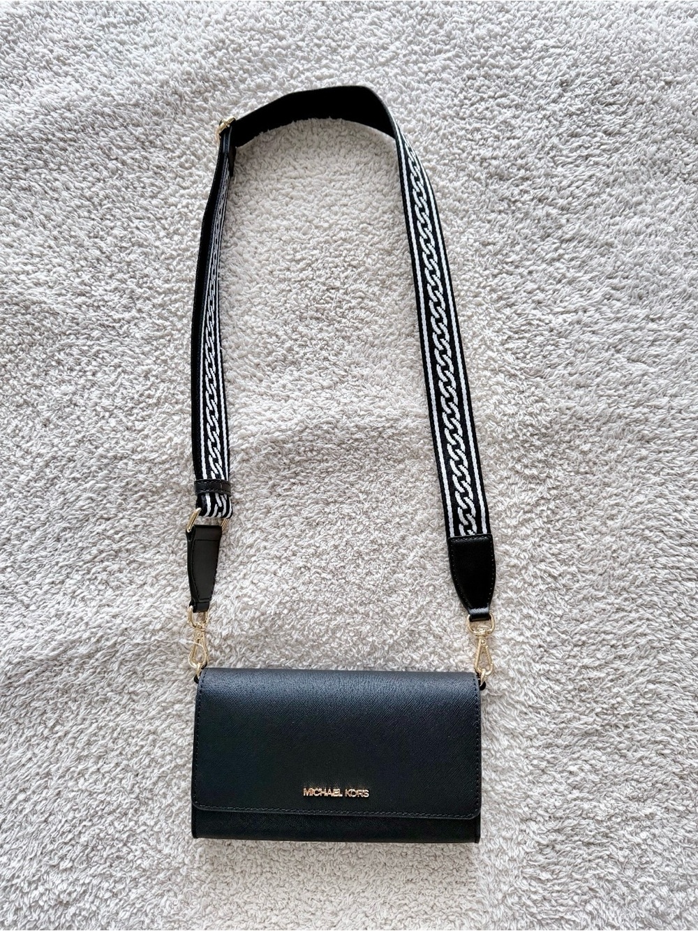 Michael Kors Black Leather Crossbody with Black & White Woven Strap